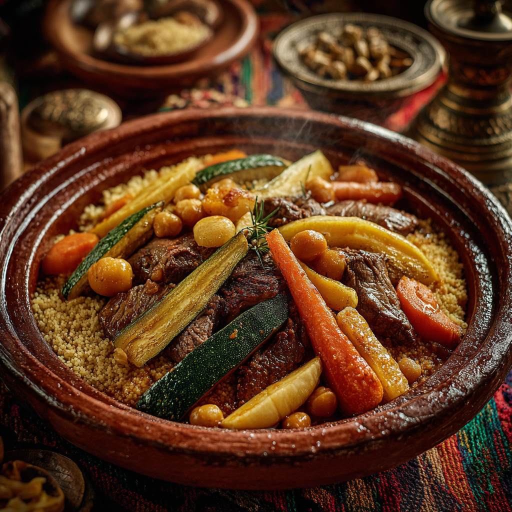 Traditional Algerian couscous with lamb, vegetables and semolina served in a clay dish.