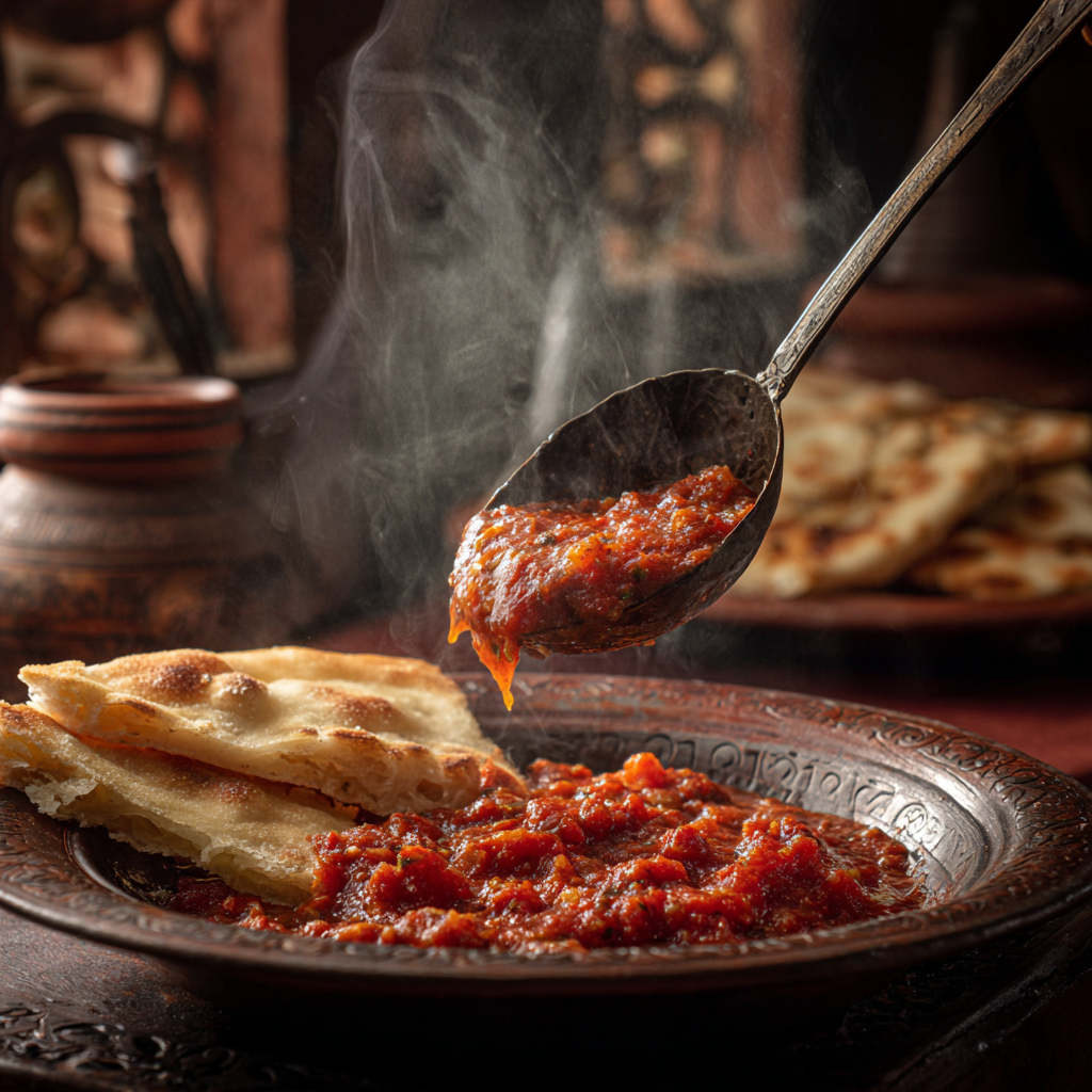 Serving Algerian Chakhchoukha with steaming red sauce poured over torn flatbread.