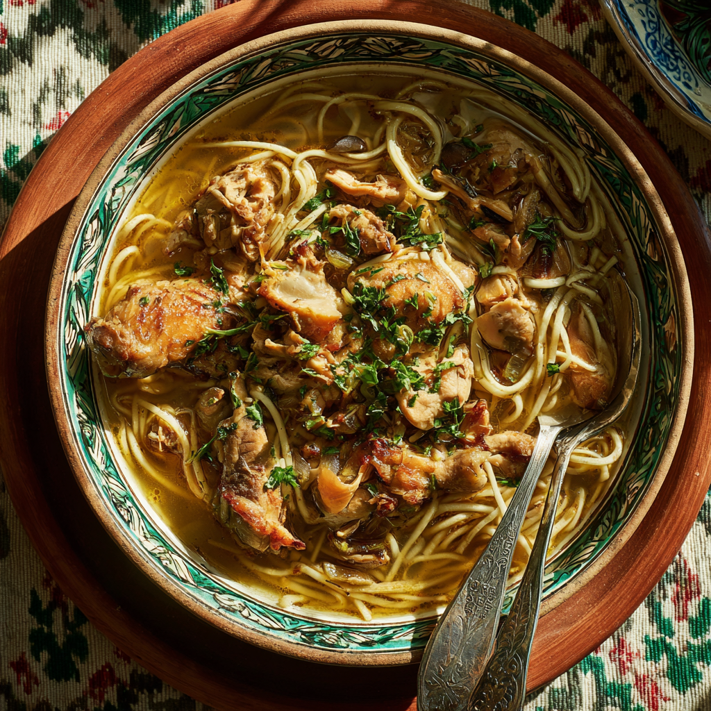 Family-style Algerian Rechta with noodles, chicken and broth on a traditional table.