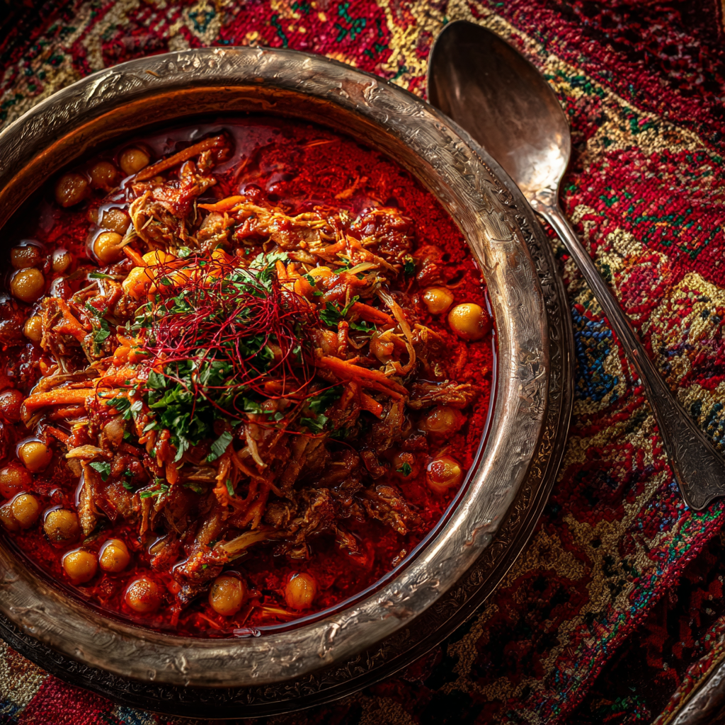 Chakhchoukha Constantinoise recipe served with lamb, chickpeas and tomato marqa on rougag flatbread