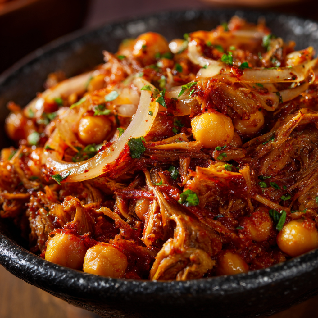 Close-up view of Chakhchoukha showing rougag pieces coated in tomato stew with chickpeas and lamb