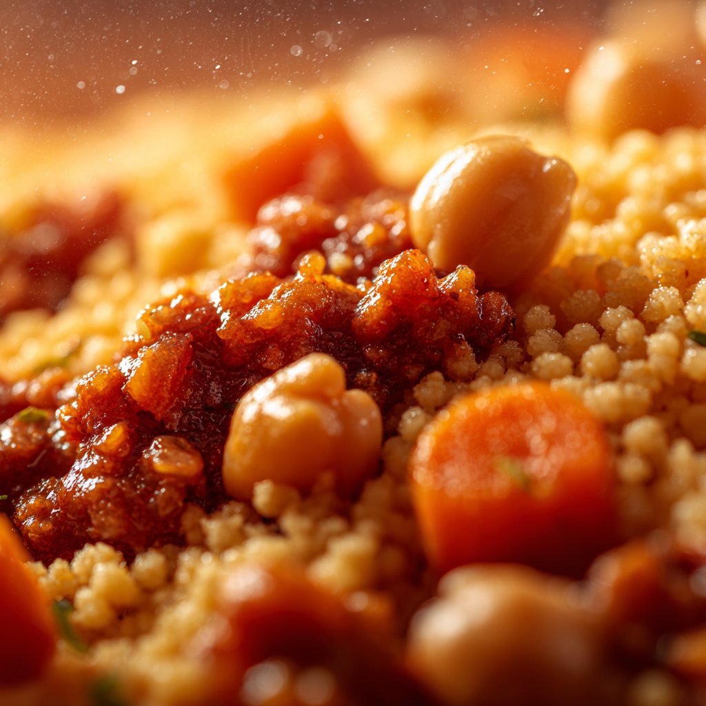 Traditional Algerian couscous recipe – close-up of fluffy couscous grains with meat sauce, carrots and chickpeas