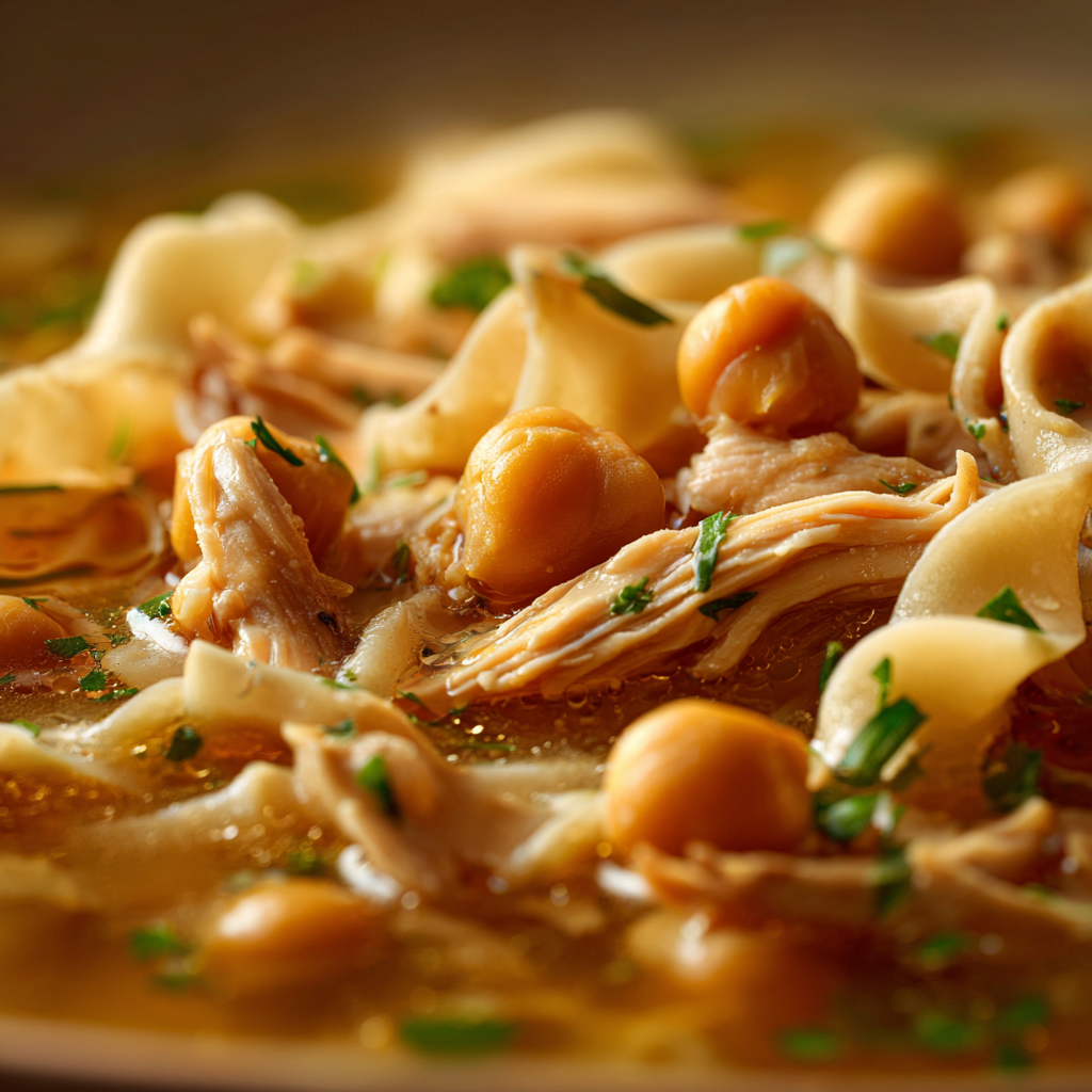 Close-up of Rechta Algéroise recipe showing silky handmade noodles coated in white chicken broth with chickpeas