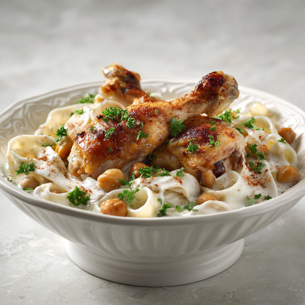 Rechta Algéroise recipe served in a white bowl with handmade noodles, chicken and white broth