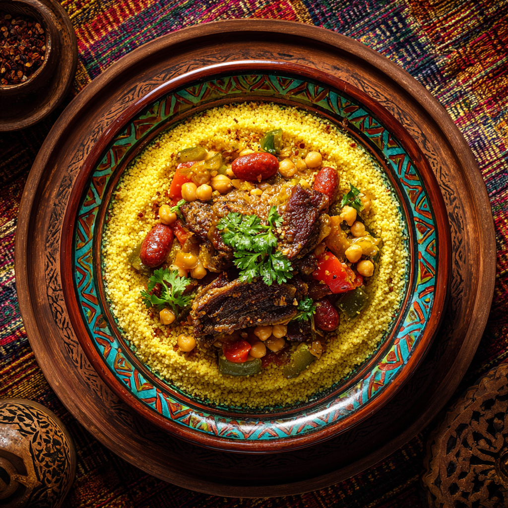 Traditional Algerian couscous recipe – top view of couscous with vegetables, lamb, merguez and chickpeas on a rustic table