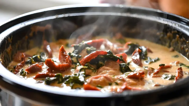 creamy garlic Parmesan sauce with sun dried tomatoes and spinach