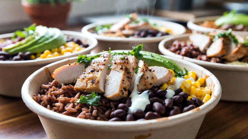 high protein chicken burrito bowls in meal prep containers