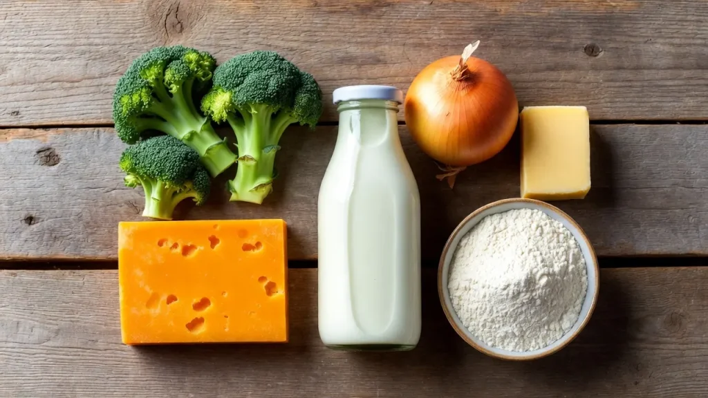 ingredients for creamy broccoli cheddar soup