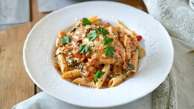 slow cooker Tuscan chicken served over pasta