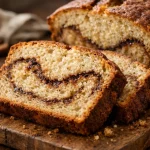 Cinnamon Swirl Banana Bread sliced on a wooden board showing the cinnamon ribbon