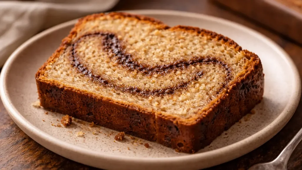 Close up of a slice of Cinnamon Swirl Banana Bread with moist crumb and cinnamon swirl