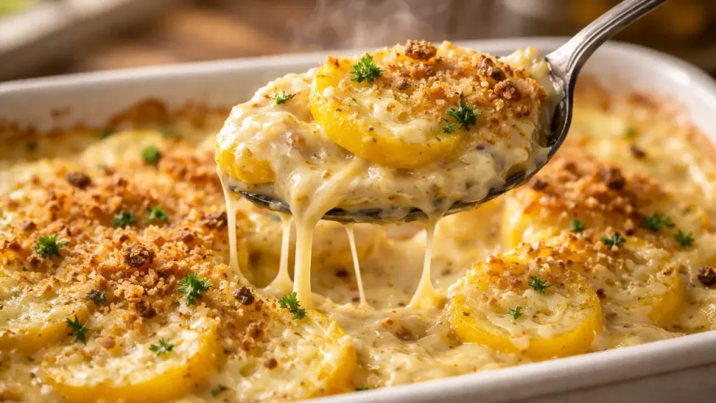 Close-up of creamy Squash Gratin with Mornay Sauce being served