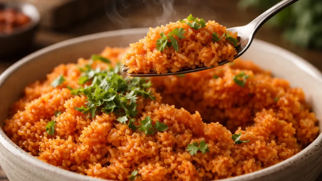 Close up of fluffy Instant Pot Mexican rice with tomato flavor and cilantro garnish