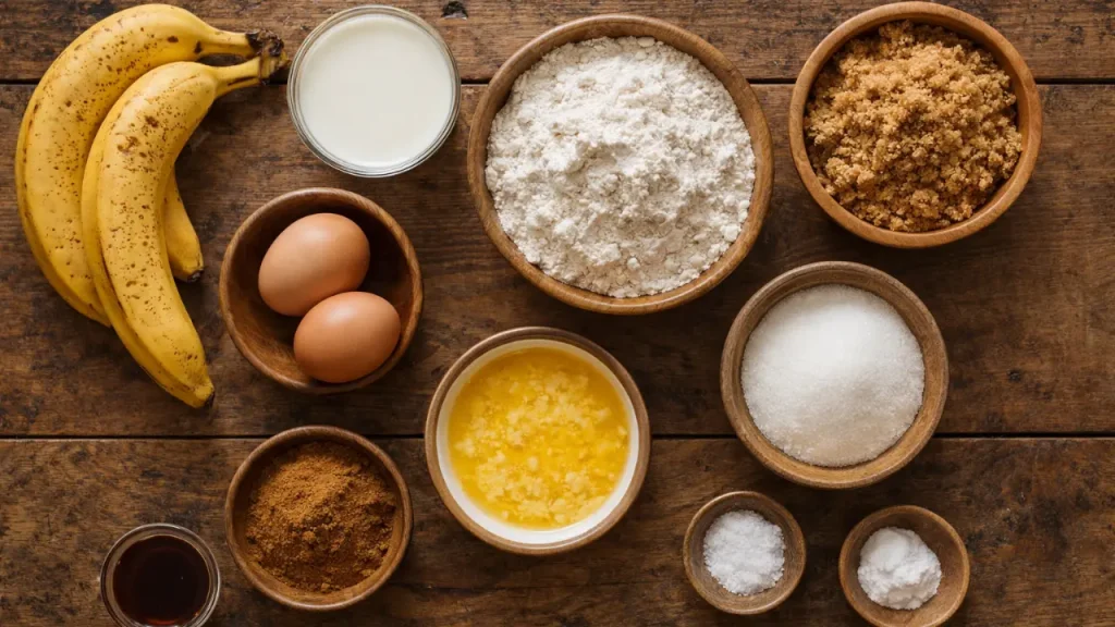 Ingredients for Cinnamon Swirl Banana Bread including bananas, flour, eggs, sugar, and cinnamon