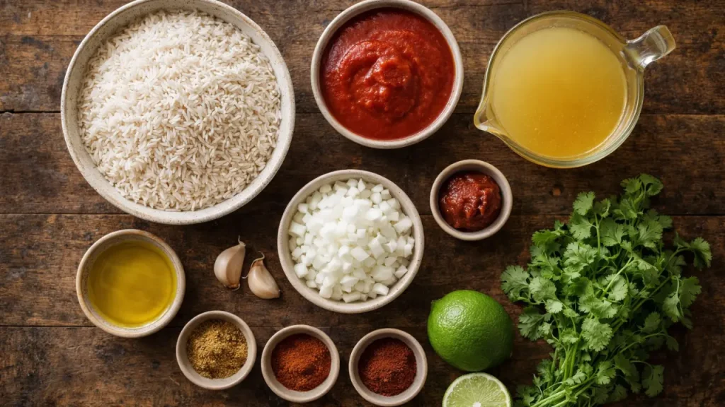 Ingredients for Instant Pot Mexican rice recipe including rice, tomato sauce, onion, garlic, broth, and spices