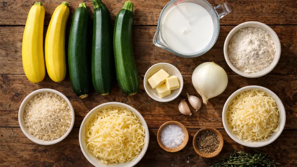 Ingredients for Squash Gratin with Mornay Sauce including squash, cheese, milk, and breadcrumbs