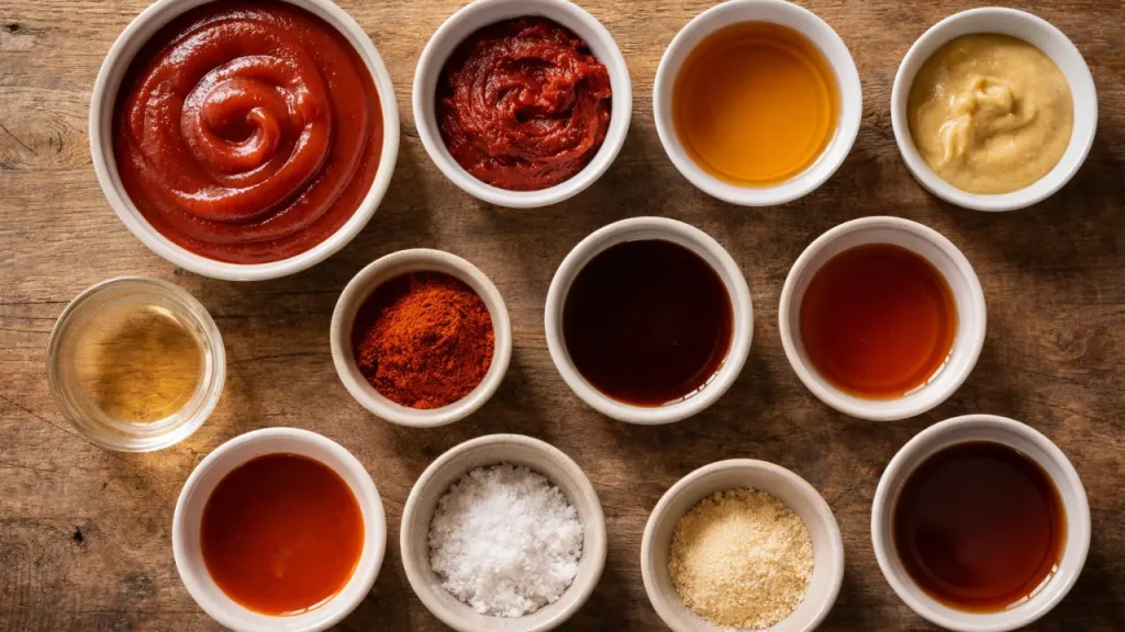 Ingredients for healthy BBQ sauce recipe arranged overhead