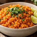 Instant Pot Mexican rice recipe served in a bowl with cilantro and lime wedges