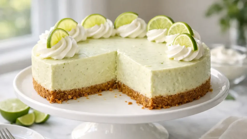 Key lime cheesecake recipe on a cake stand with one slice removed