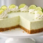 Key lime cheesecake recipe on a cake stand with one slice removed