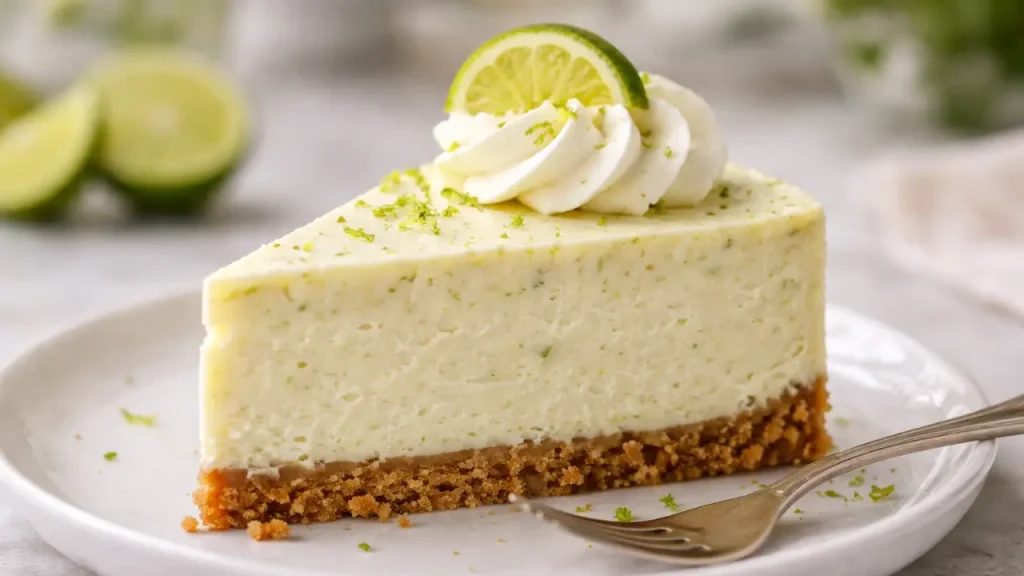 Slice of key lime cheesecake recipe with whipped cream and lime zest