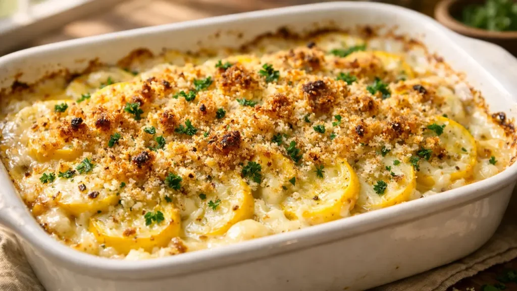 Squash Gratin with Mornay Sauce baked until golden and bubbly