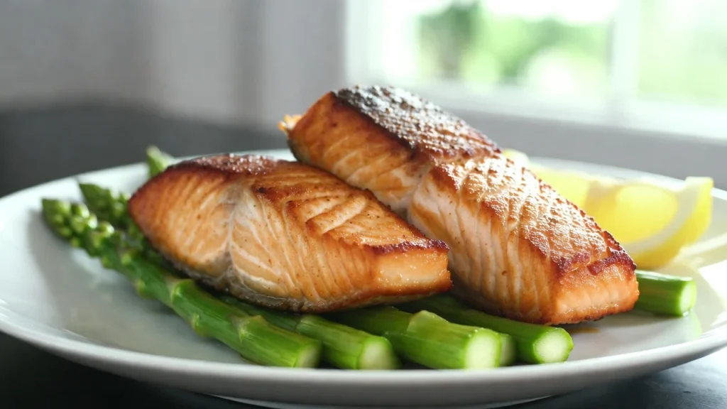 air fryer salmon and asparagus plate