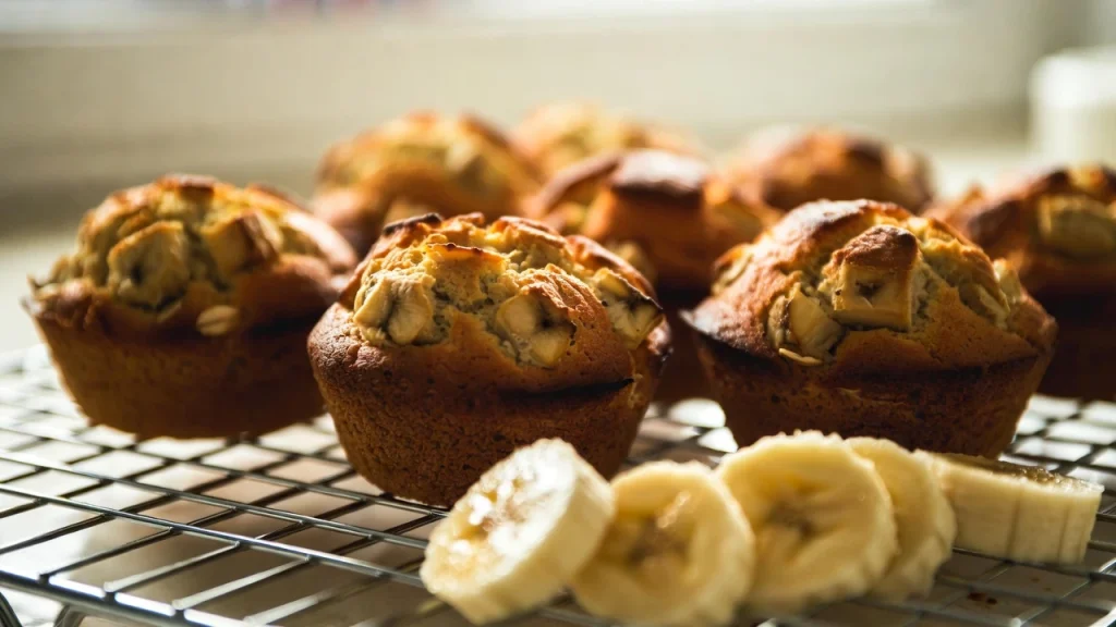 banana oat muffins on cooling rack