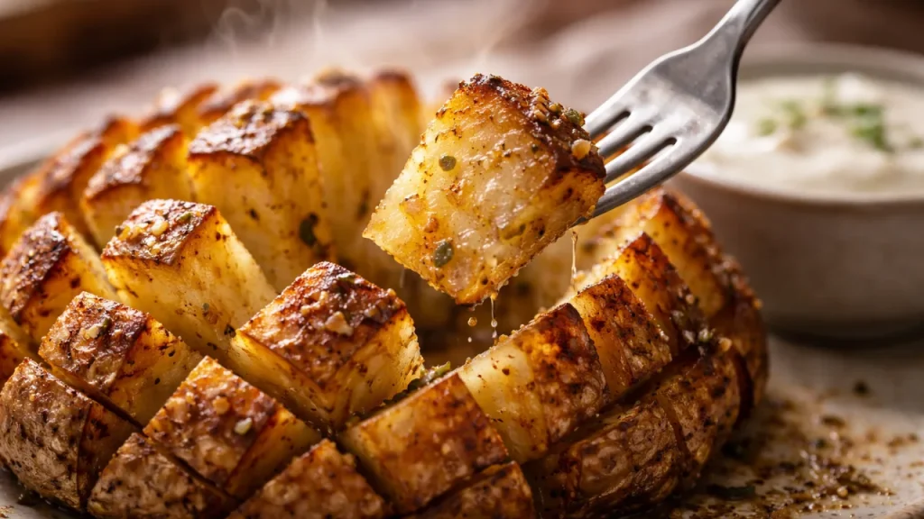 blooming potato close up crispy edges