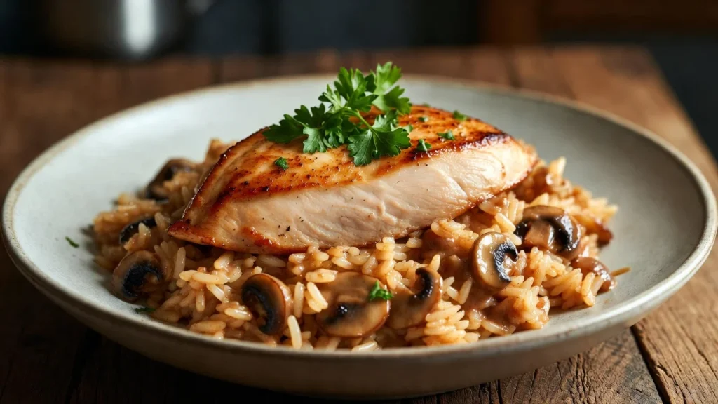 chicken marsala rice casserole spoon close up