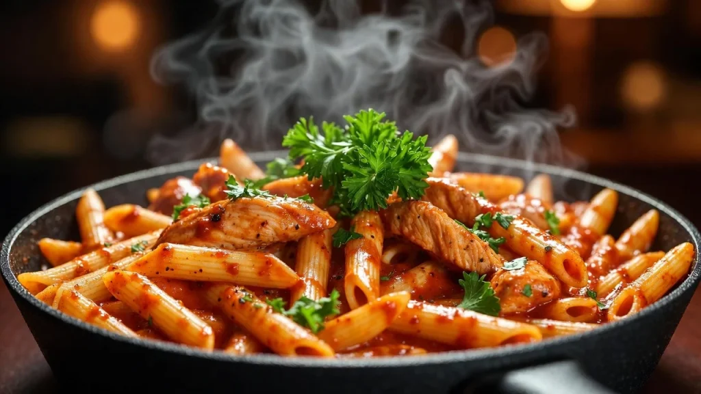 creamy cajun chicken pasta in skillet with parmesan sauce