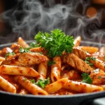 creamy cajun chicken pasta in skillet with parmesan sauce