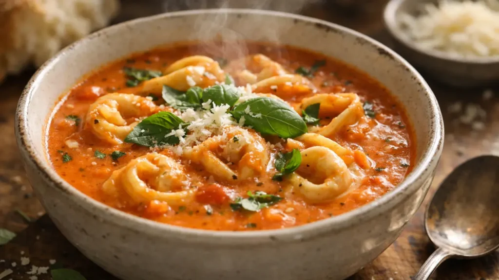creamy tomato tortellini soup bowl