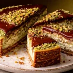 Dubai chocolate cheesecake slice with pistachio and ganache