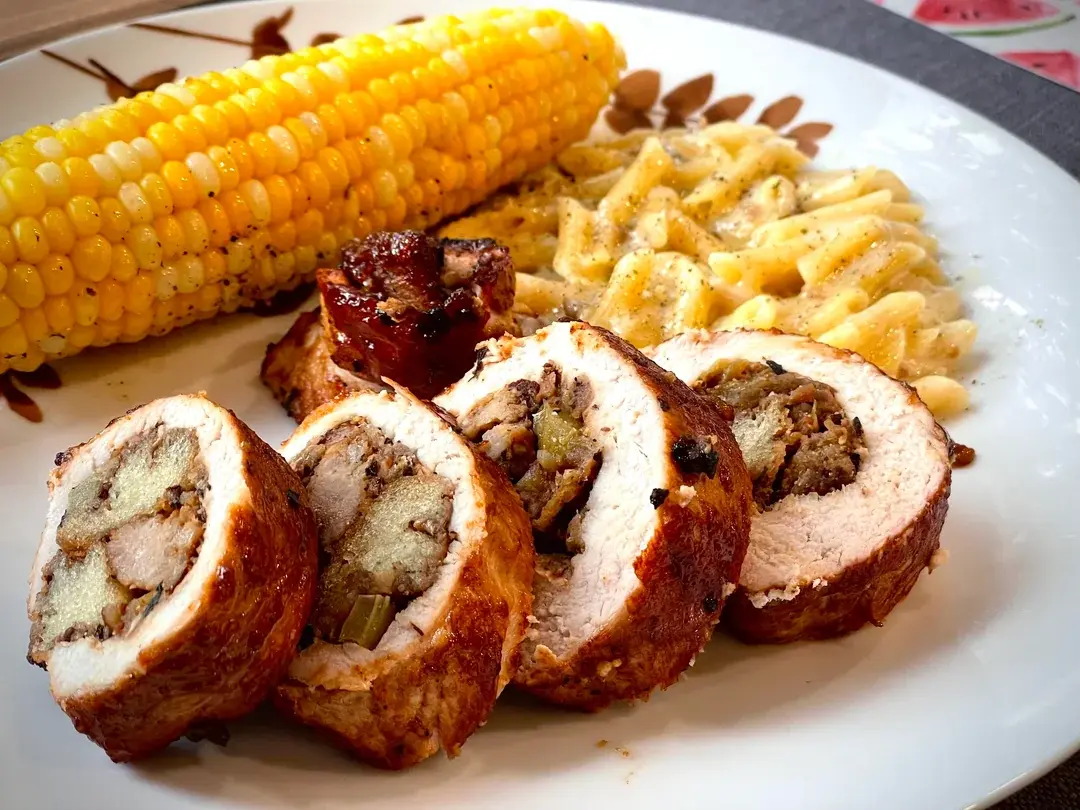 homemade pork roulade stuffed with a country style rustic