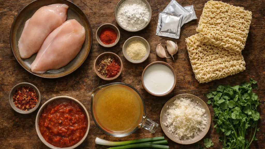 ingredients for creamy blackened chicken ramen