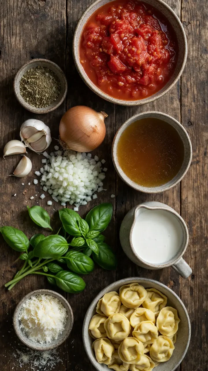 ingredients for creamy tomato tortellini soup