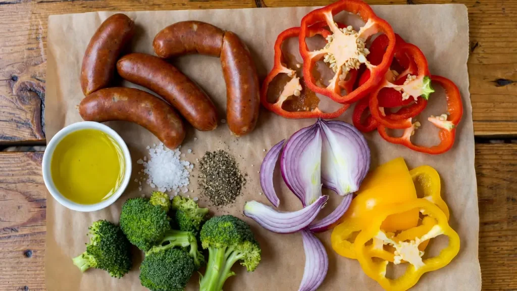 ingredients for sheet pan sausage and veggies