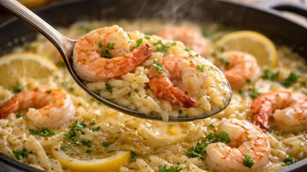 lemon garlic shrimp orzo close up texture