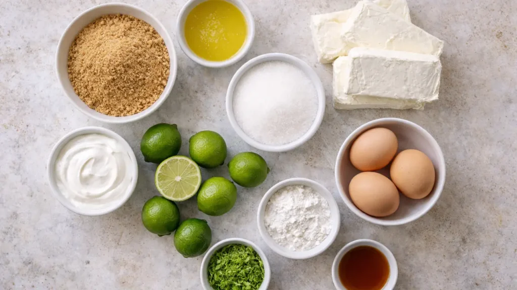 Ingredients for key lime cheesecake recipe arranged overhead