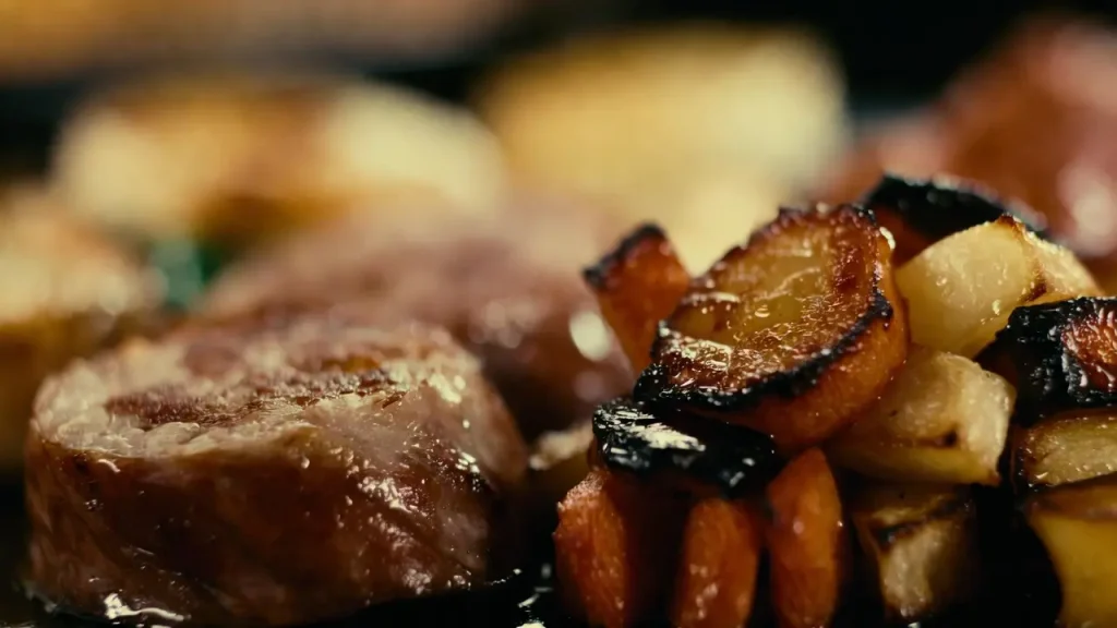 sheet pan sausage and veggies close up texture