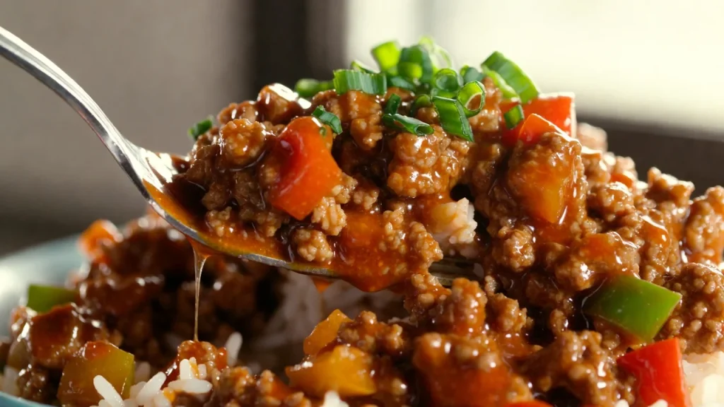 sweet chili turkey rice close up texture