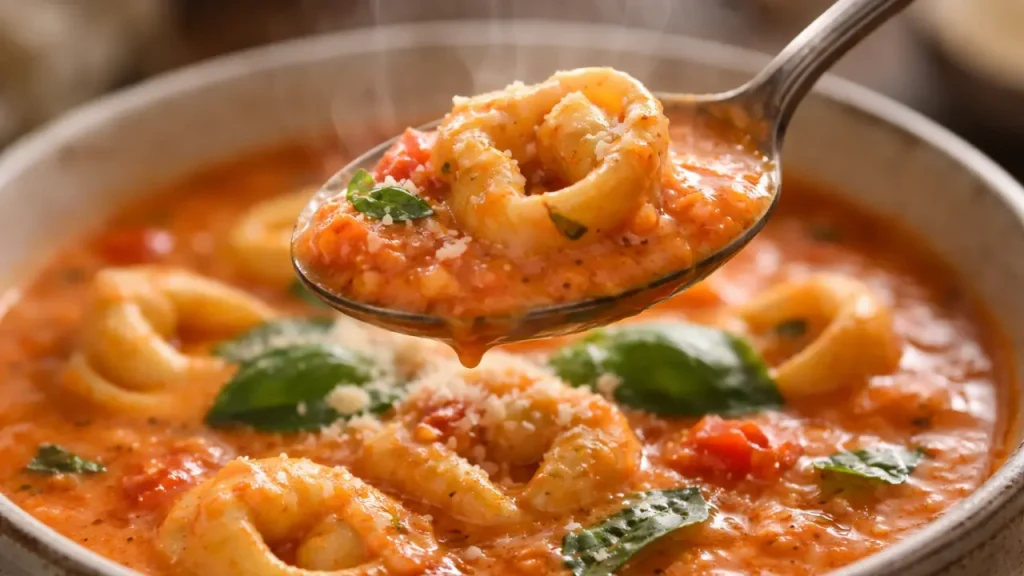 tomato tortellini soup spoon close up
