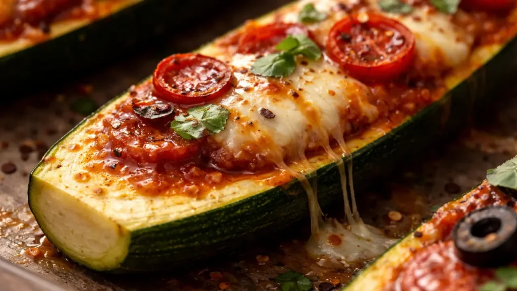 zucchini pizza boat close up texture